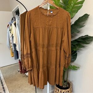 🤎✨ Old Navy Swiss Dot Tiered Babydoll Dress | Rust Brown Long Sleeve Boho XXL